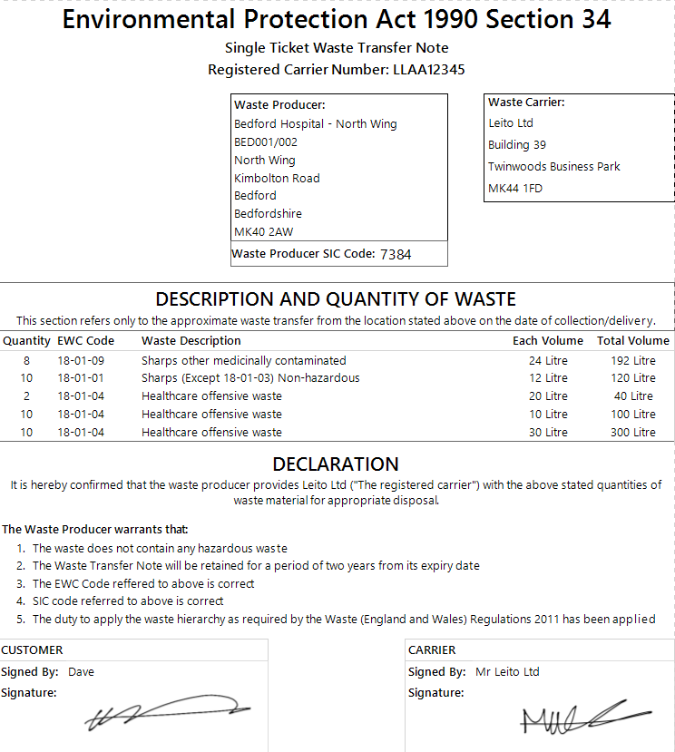 Customisable waste transfer notes sent automatically